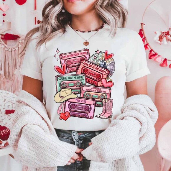 Cowboy Valentine_s Day Tee, Western Cassette Valentine Shirt - Picture 1 of 4